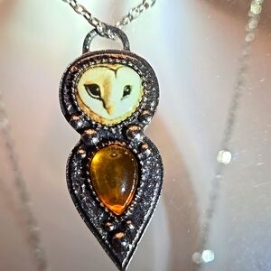 Boho Owl Necklace with Yellow Glass Pendant - Antique Silver-Plated Alloy